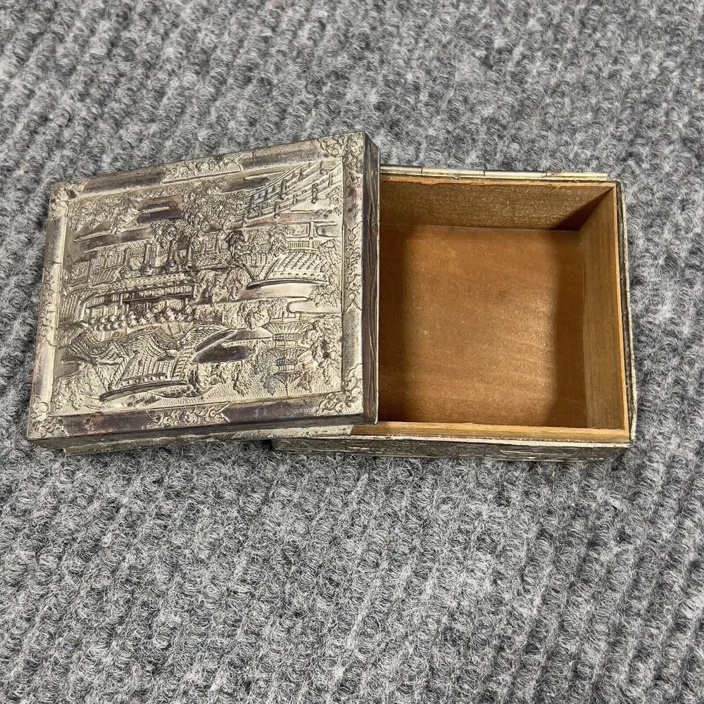 Vintage Trinket Vanity Box Wooden Lined Inside Silvertone Detailed 4x3 Japan‎